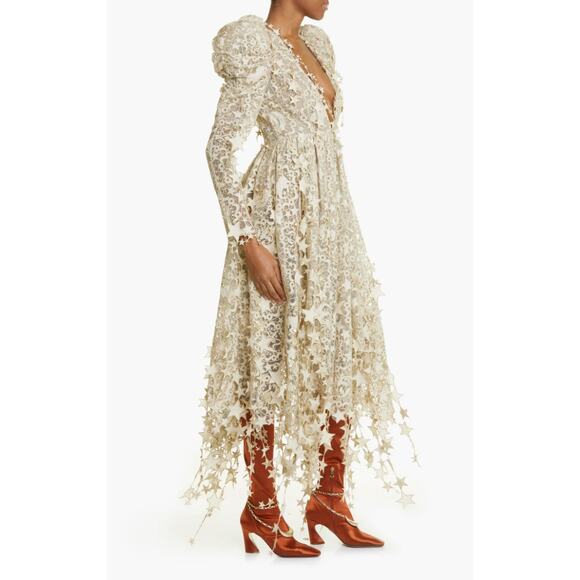 ZIMMERMAN Celestial Zodiac Long Sleeve Lace Midi Dress AUS 1/US 6 Champagne NWT - Picture 3 of 16